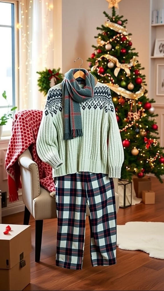 Cozy Christmas outfit display with a knit sweater, plaid pants, and festive decorations.